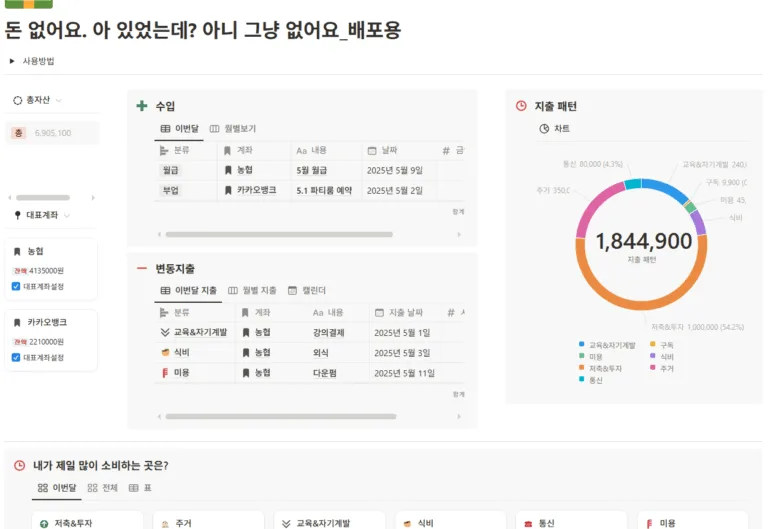 가계부 템플릿_수입,지출 내역 및 패턴 차트 부분_화이트 버전